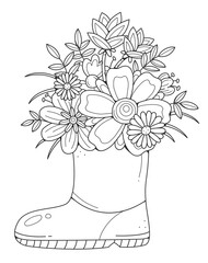 A rubber boot with flowers. Coloring book for children and adults. Coloring page with flowers.