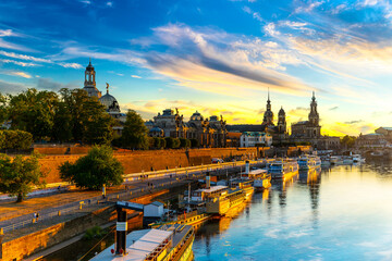 Wall Mural - Sunset view of the Old Town architecture with Elbe river embankment in Dresden, Saxony, Germany
