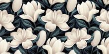 Premium Wallpaper, Mural Art. Floral Seamless Pattern, Magnolia Flowers, Tropical Design In Dark Blue Colors. Watercolor 3d Illustration. Baroque Style, Digital Paper. Modern Background, Texture