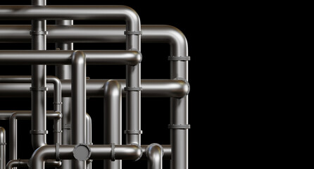 Poster - steel pipes. pipeline on black background. tangled pipes for supplying water or gas. place for inscr