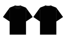 Blank Black Short Sleeve Oversize T-Shirt Template On White Background.Front And Back View, Vector File.