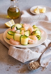 Wall Mural - Fresh zucchini with shrimps, healthy and delicious food