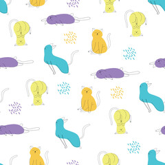 Seamless pattern with cats and colored spots. Blue, purple and yellow vector pets