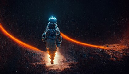 Wall Mural - astronaut on rock surface with space background ,astronaut walk on the moon wear cosmosuit. future c