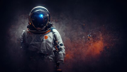 astronaut on rock surface with space background ,astronaut walk on the moon wear cosmosuit. future c
