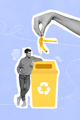 Poster - Poster collage of environmental responsible guy advertise throwing trash bin isolated on purple color background