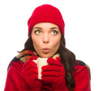 © Andy Dean - Transparent PNG of Mixed Race Woman Wearing Mittens Holds Mug Looks to Side on White.