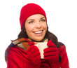 © Andy Dean - Transparent PNG of Mixed Race Woman Wearing Mittens Holds Mug Looks to Side on White.