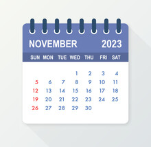 November 2023 Calendar Leaf. Calendar 2023 In Flat Style. Vector Illustration.