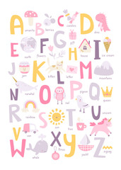 Wall Mural - cute girly english alphabet for kids with naive doodle pictures. abc learning cartoon poster for nur