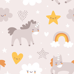 Wall Mural - Cute scandinavian baby pattern with sleeping unicorns. Seamless vector print for girls fabric.