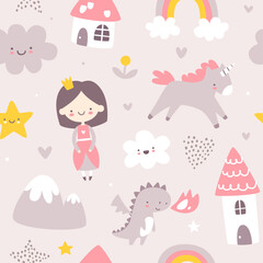 Wall Mural - Cute girly fairytale scandinavian pattern. Cartoon seamless vector print for baby textile and nursery.