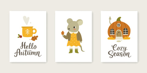 Wall Mural - set of fairy tale autumnal poster for nursery. collection of cozy fall vector prints for postcards.