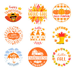Wall Mural - Autumn round sign with quotes Hello fall. Set of fall symbols or emblem designs. Holiday illustration for badges and cards.