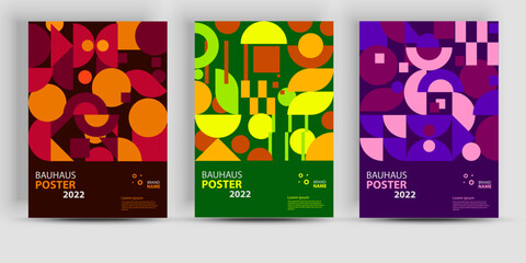 Aufkleber - Abstract geometric posters. Bauhaus geometric backgrouns, vector circle, triangle, and square lines color art design. Contemporary vertical mosaic banners vector trendy set