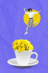 Canvas Print - Vertical collage picture of excited small girl black white gamma jump fall flowers cup isolated on painted background