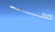 Commercial plane flying with 2023 smoke writing - 3D Illustration.
