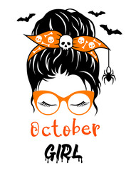 Wall Mural - October girl with messy bun, bandana, glasses, skull and bat. Halloween mom quote.