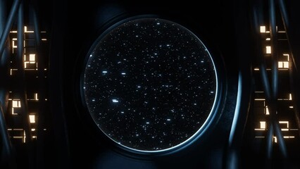 view of a round window with stars background moving horizontally seen from inside a spaceship or sci