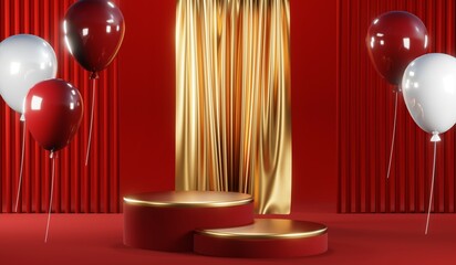 Poster - 3D rendering of blank product background for cream cosmetics Modern red podium background