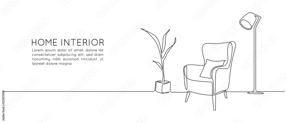 One continuous line drawing of armchair and floor lamp and potted plant ...