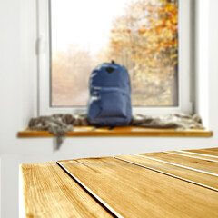 Wall Mural - Desk of free space and school backpack. 