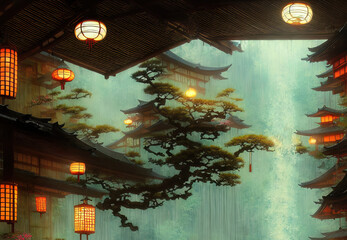 Poster - Fantasy Japanese landscape spa. Japanese hot springs, ancient architecture. 3D illustration.