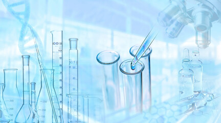 research, science, medicine in laboratory with microscope, pipette, test tube, syringe, dna and form