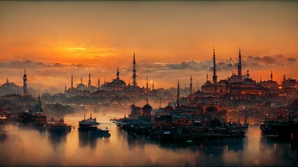 Panoramic view of Istanbul on sunset with gorgeous historical mosques.