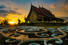 Church Glows At Sunset Located In Sirindhorn Wararam Temple Or Phu Prao Temple In Ubon Ratchathani Province, Thailand