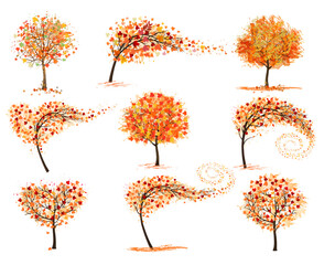 Hello a gold autumn. Set of Autumn Inspired Trees with Colorful Leaves. Vector illustration.