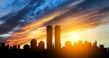 New York Skyline Silhouette With Twin Towers At Sunset. 09.11.2001 American Patriot Day Banner. NYC World Trade Center.