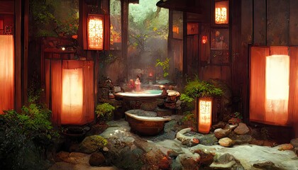 Wall Mural - Fantasy Japanese landscape spa. Japanese hot springs, ancient architecture. 3D illustration.