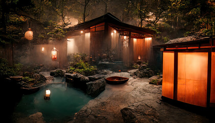 Wall Mural - Fantasy Japanese landscape spa. Japanese hot springs, ancient architecture. 3D illustration.