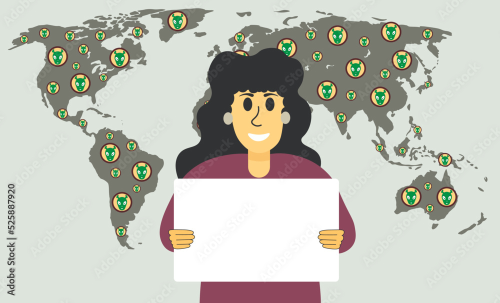 Woman protests with a white placard against the background of a world map with places of appearance of aliens and ufos. Banner aliens are already on our earth. UFO day. Aliens on the planet earth.