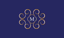 Abstract Logo Sign With Letter M In The Center. Gold Monogram On A Blue Background