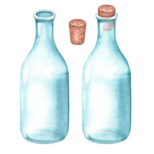 Transparent, Blue Empty Wide Glass Bottle. Watercolor Illustration. Isolated On A White Background.