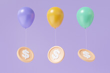 Minimal Rate Exchange Budget, Three Purple Orange Green Balloon Flying With Coin Dollar Economy Inflation Concept Floating On Pastel Background. Fund Business Financial. 3d Render Illustration