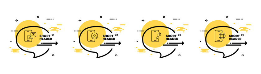 Phone apps set icon. Translator, multilingual, navigator, maps, settings, wrench, planet, internet. Technolgy concept. Infographic timeline with icons and 4 steps. Vector line icon for Advertising