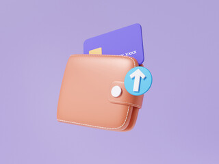 Wall Mural - Brown wallet icon concept floating with grow arrow debit ,credit card, finance shopping online payments exchange on isolated purple background, banner, minimal cartoon. 3d render illustration