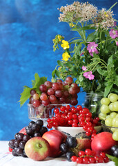 Poster - Colorful still life with seasonal fruit and berries on textured background with copy space. Balance diet concept. 