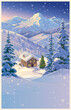 Winter landscape with a gingerbread house in a mountain valley, Christmas mood, a holiday card.