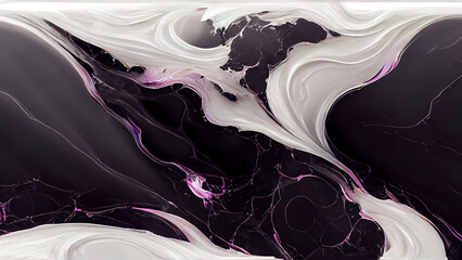Wall Mural - Liquid black and white marble texture with hints of purple. Smooth creamy wallpaper. High end, fashion backdrop. Luxury background. Melted, elegant shapes. Modern, simple design. 3d render.