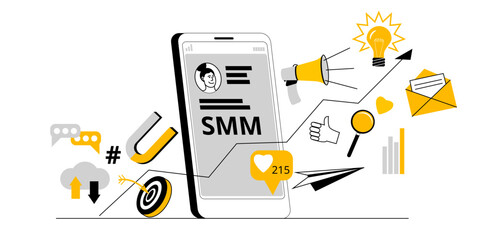 Aufkleber - The mobile phone is among the elements of social media marketing. Vector illustration on the topic of promotion in social networks.