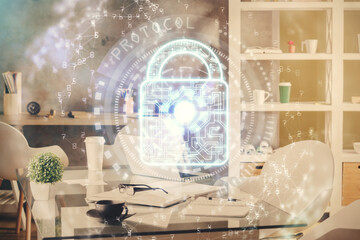 Aufkleber - Multi exposure of lock drawing and office interior background. Concept of data security.