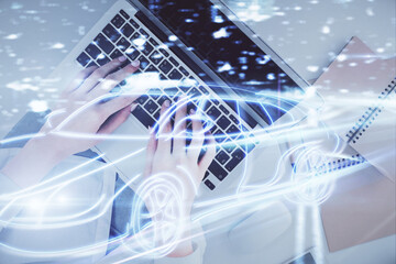 Poster - Double exposure of woman hands working on computer and car hologram drawing. Top View. Auto pilot concept.