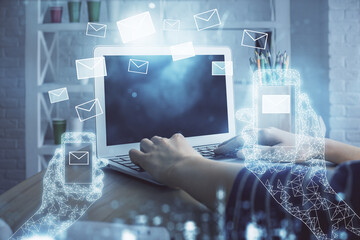 Poster - Double exposure of woman hands typing on computer and flying envelop drawing. E-Mail concept.