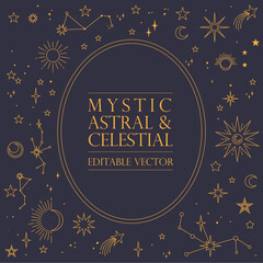 Wall Mural - astral celestial frame with stars, hands, sun, moon phases, and copy space. mystic design. ornate ma