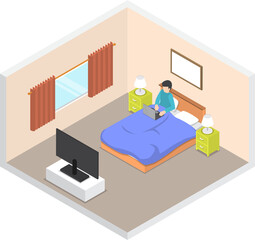 Wall Mural - Flat 3d isometric businessman working on his laptop on the bed in bedroom, hard working concept