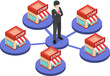 Flat 3d isometric businessman standing with shopping store network. Franchise concept.